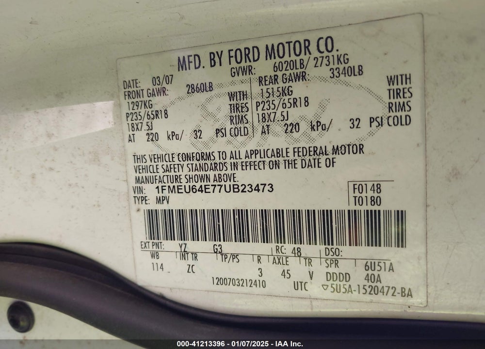 2007 FORD EXPLORER EDDIE BAUER VIN: 1FMEU64E77UB23473
