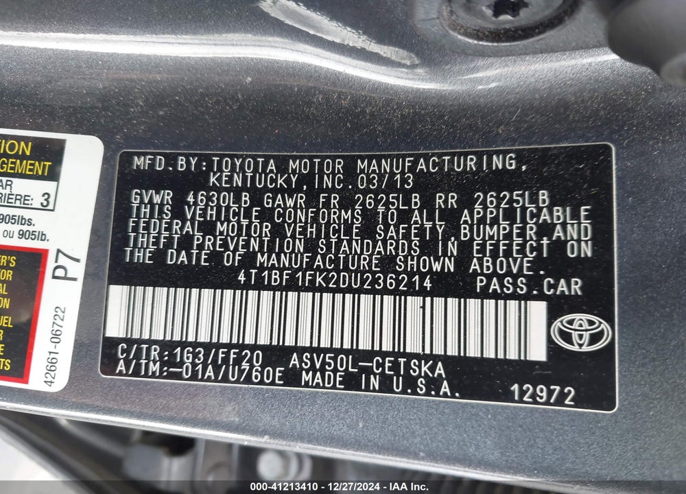 2013 TOYOTA CAMRY SE VIN: 4T1BF1FK2DU236214