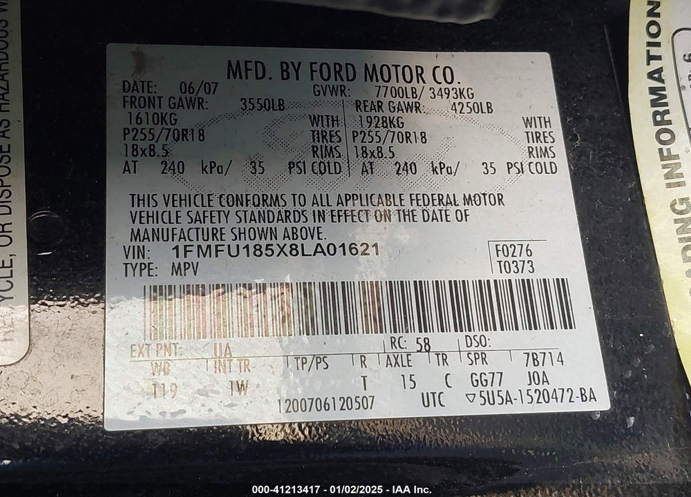 2008 FORD EXPEDITION EDDIE BAUER/KING RANCH VIN: 1FMFU185X8LA01621