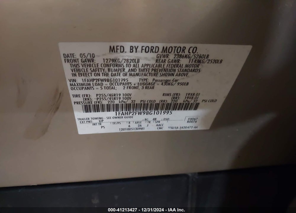 2011 FORD TAURUS LIMITED VIN: 1FAHP2FW9BG101995