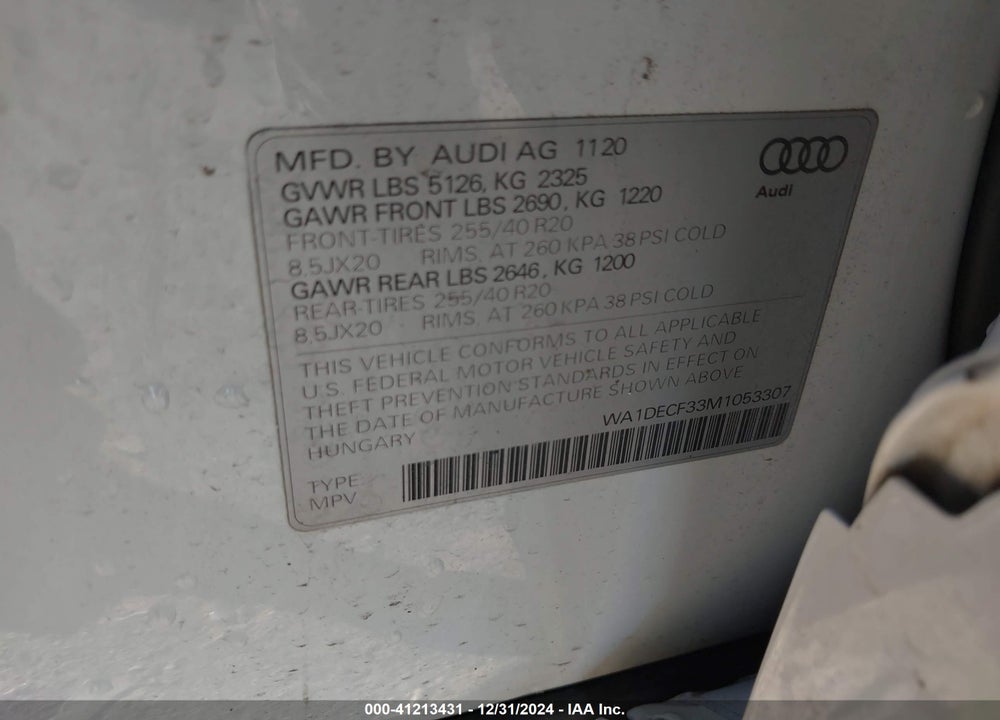 2021 AUDI Q3 PREMIUM 45 TFSI S LINE QUATTRO TIPTRONIC VIN: WA1DECF33M1053307