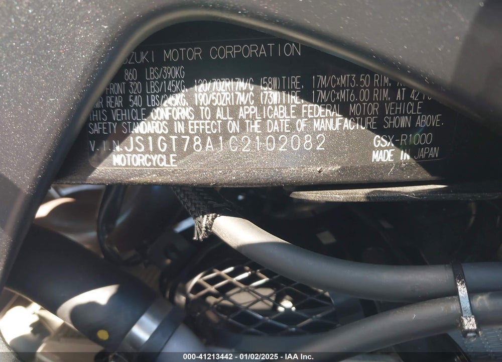 2012 SUZUKI GSX-R1000 VIN: JS1GT78A1C2102082