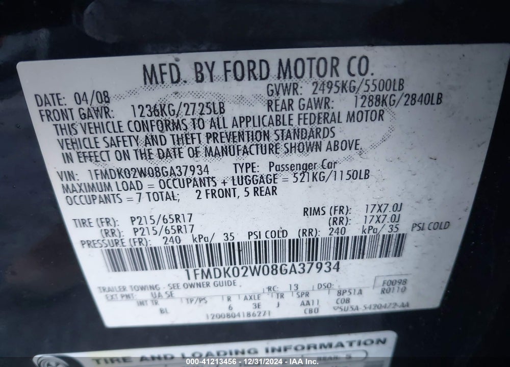 2008 FORD TAURUS X SEL VIN: 1FMDK02W08GA37934