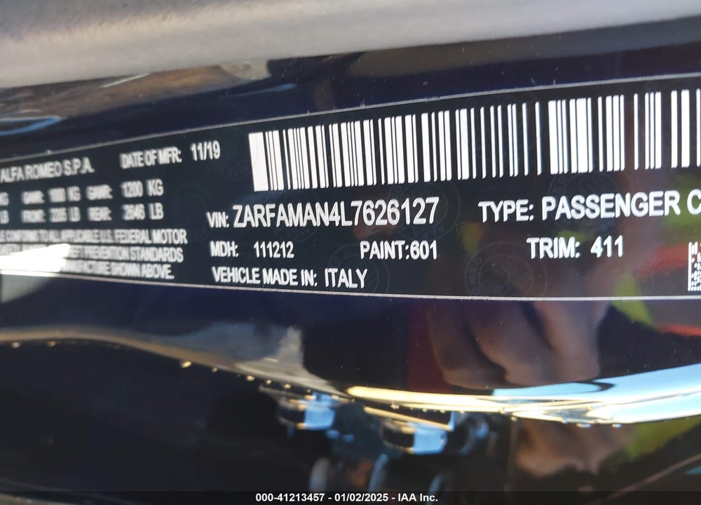 2020 ALFA ROMEO GIULIA RWD VIN: ZARFAMAN4L7626127