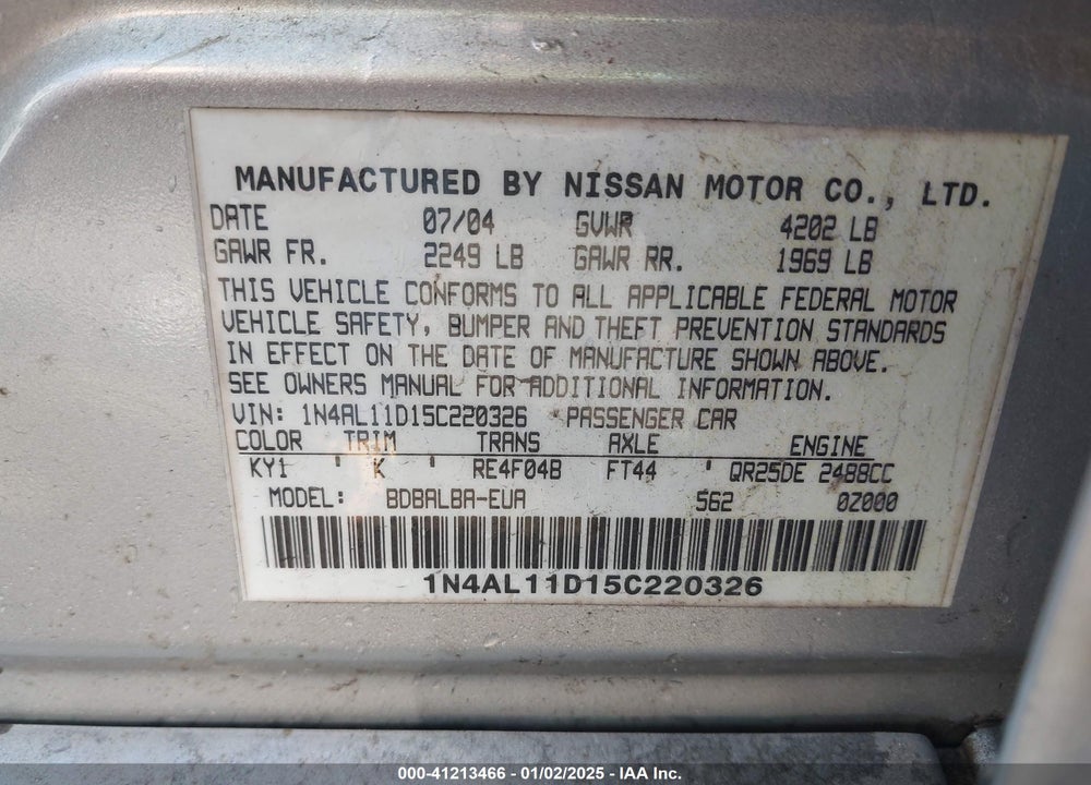 2005 NISSAN ALTIMA 2.5 S VIN: 1N4AL11D15C220326