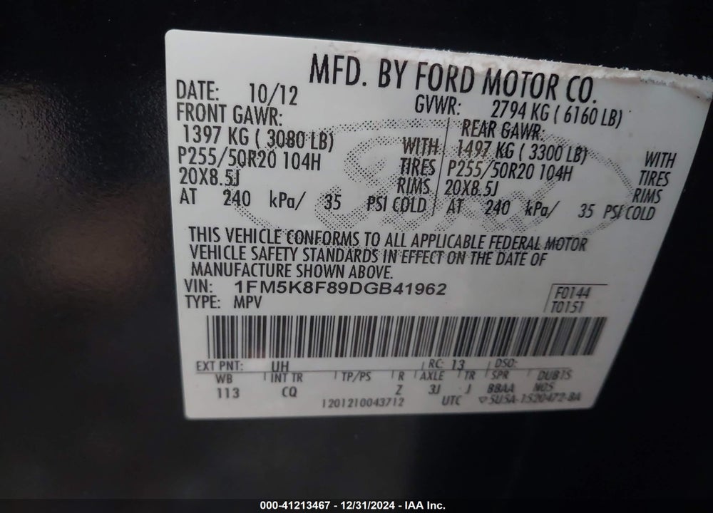 2013 FORD EXPLORER LIMITED VIN: 1FM5K8F89DGB41962