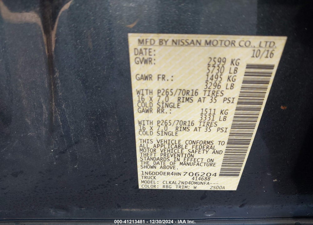 2017 NISSAN FRONTIER VIN: 1N6DD0ER4HN706204