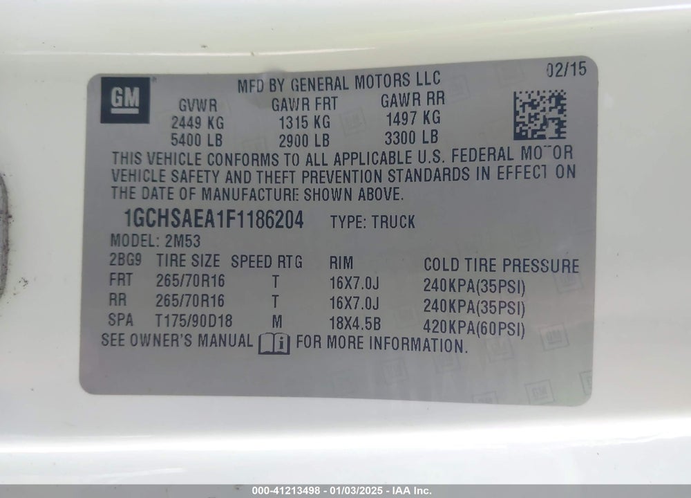 2015 CHEVROLET COLORADO VIN: 1GCHSAEA1F1186204