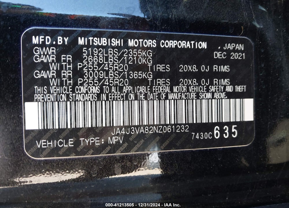 2022 MITSUBISHI OUTLANDER VIN: JA4J3VA82NZ061232