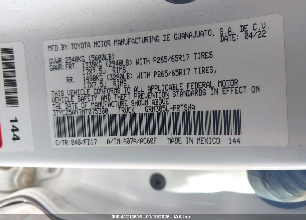 2022 TOYOTA TACOMA VIN: 3TYCZ5AN7NT075300