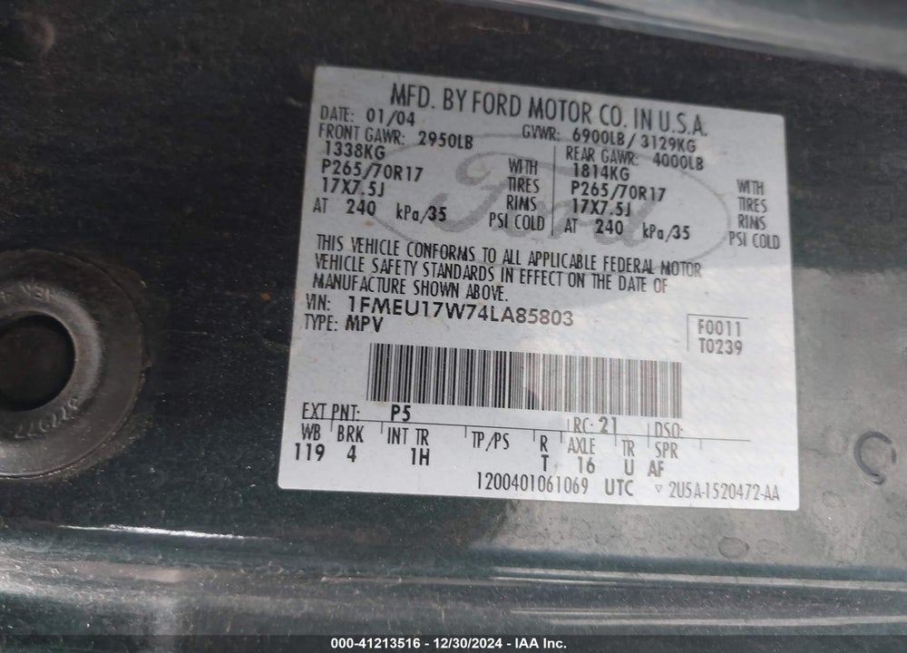2004 FORD EXPEDITION EDDIE BAUER VIN: 1FMEU17W74LA85803