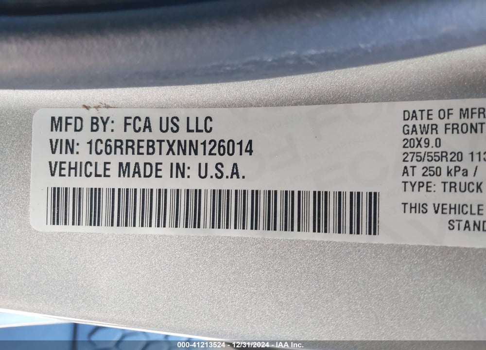 2022 RAM 1500 VIN: 1C6RREBTXNN126014