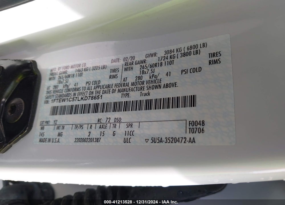 2020 FORD F-150 VIN: 1FTEW1C57LKD78651