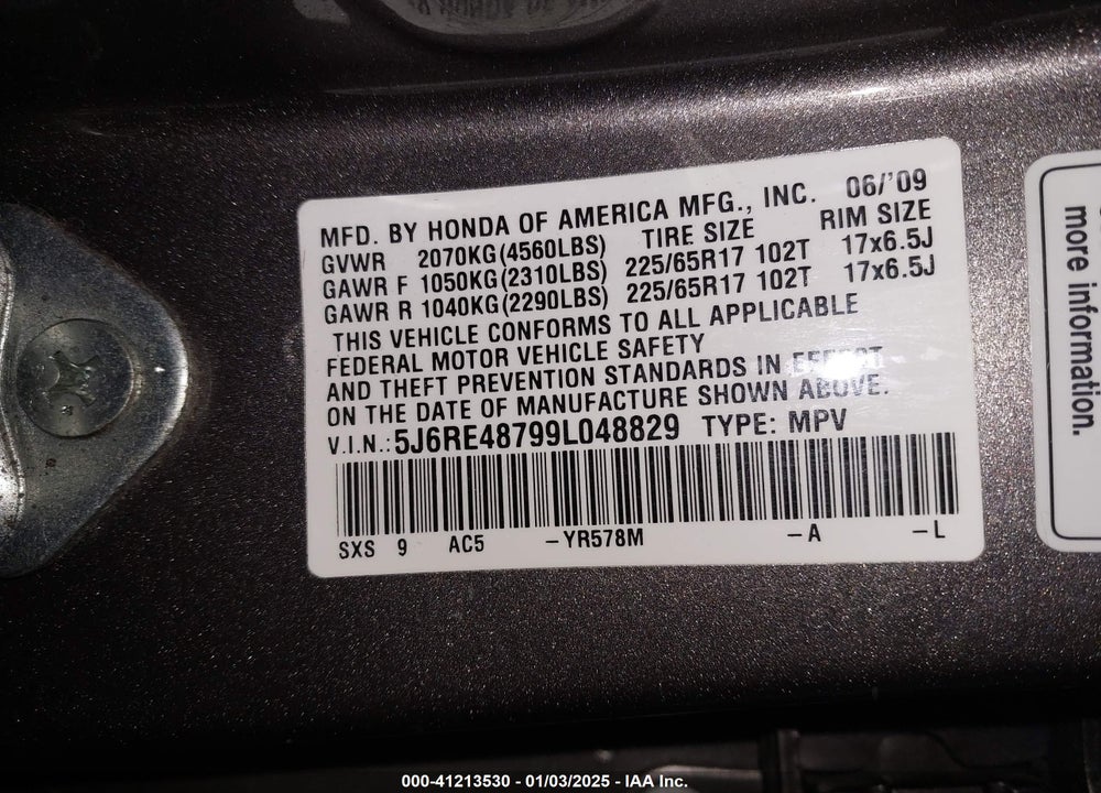 2009 HONDA CR-V EX-L VIN: 5J6RE48799L048829
