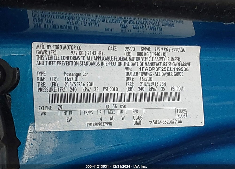 2014 FORD FOCUS VIN: 1FADP3F25EL149538