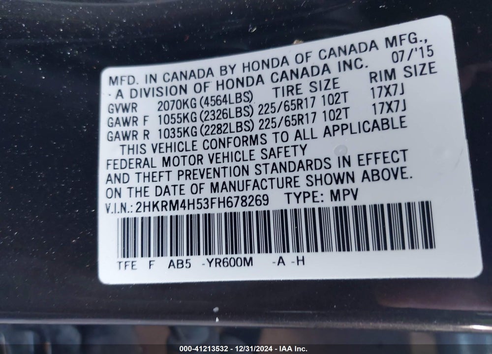 2015 HONDA CR-V EX VIN: 2HKRM4H53FH678269