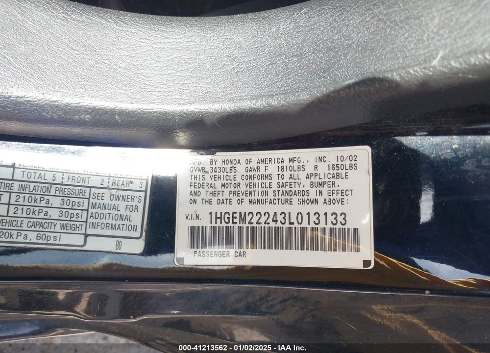 2003 HONDA CIVIC DX VIN: 1HGEM22243L013133