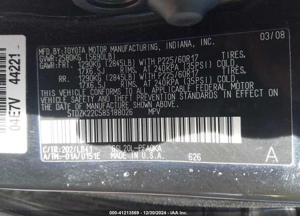 2008 TOYOTA SIENNA LIMITED VIN: 5TDZK22C58S188026
