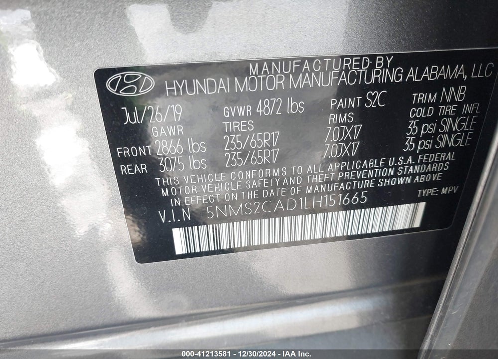 2020 HYUNDAI SANTA FE SE VIN: 5NMS2CAD1LH151665