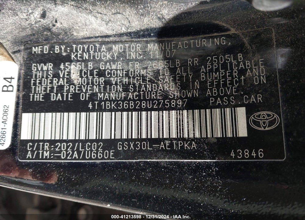 2008 TOYOTA AVALON VIN: 4T1BK36B28U275897