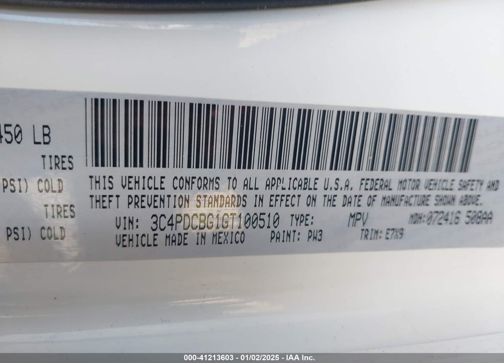 2016 DODGE JOURNEY VIN: 3C4PDCBG1GT100510