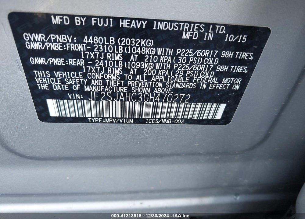 2016 SUBARU FORESTER 2.5I LIMITED VIN: JF2SJAHC3GH470272