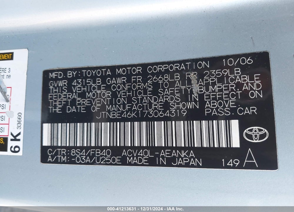 2007 TOYOTA CAMRY VIN: JTNBE46K173064319