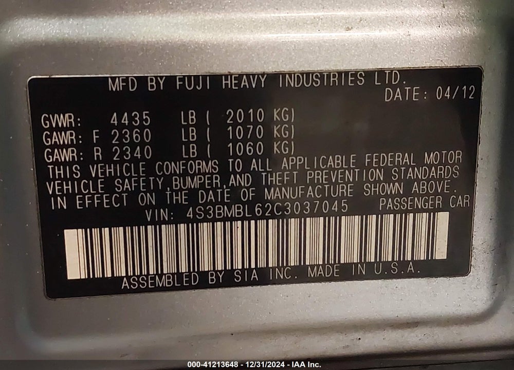 2012 SUBARU LEGACY VIN: 4S3BMBL62C3037045