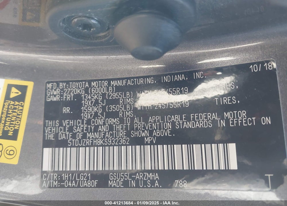 2019 TOYOTA HIGHLANDER SE VIN: 5TDJZRFH8KS932362