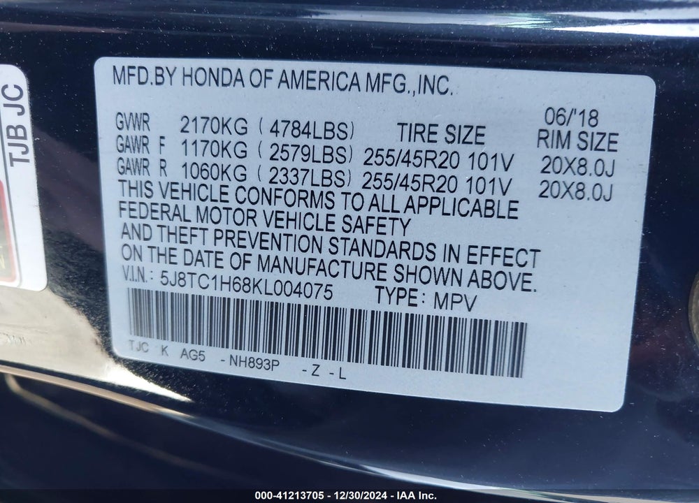 2019 ACURA RDX A-SPEC VIN: 5J8TC1H68KL004075