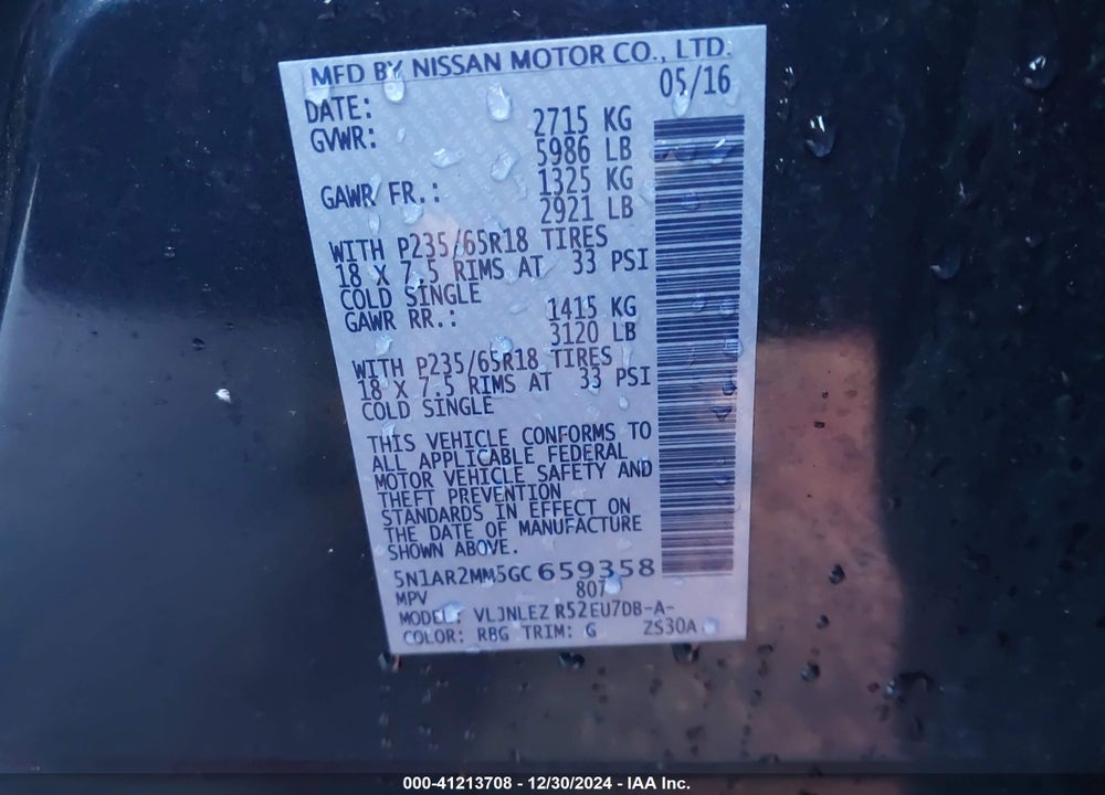 2016 NISSAN PATHFINDER SV VIN: 5N1AR2MM5GC659358