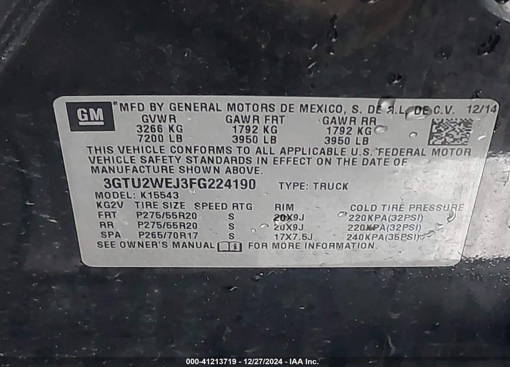 2015 GMC SIERRA 1500 VIN: 3GTU2WEJ3FG224190