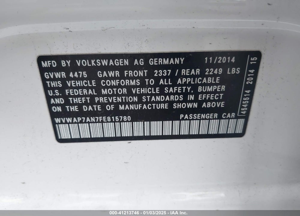 2015 VOLKSWAGEN CC VIN: WVWAP7AN7FE815780
