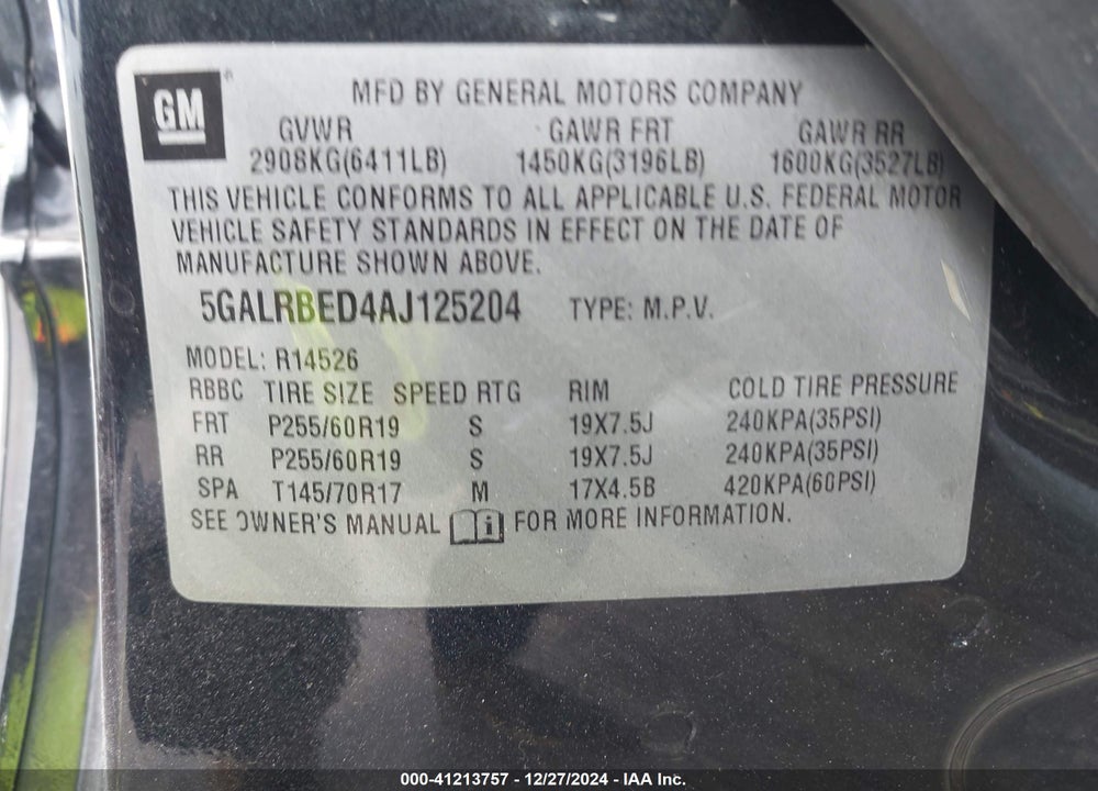 2010 BUICK ENCLAVE 1XL VIN: 5GALRBED4AJ125204