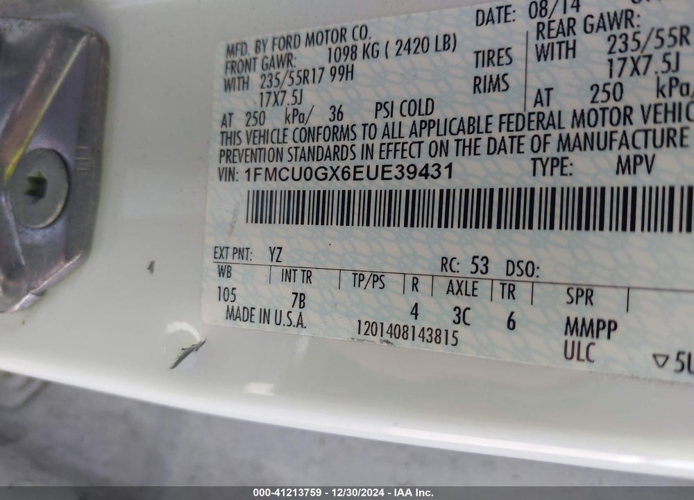 2014 FORD ESCAPE SE VIN: 1FMCU0GX6EUE39431