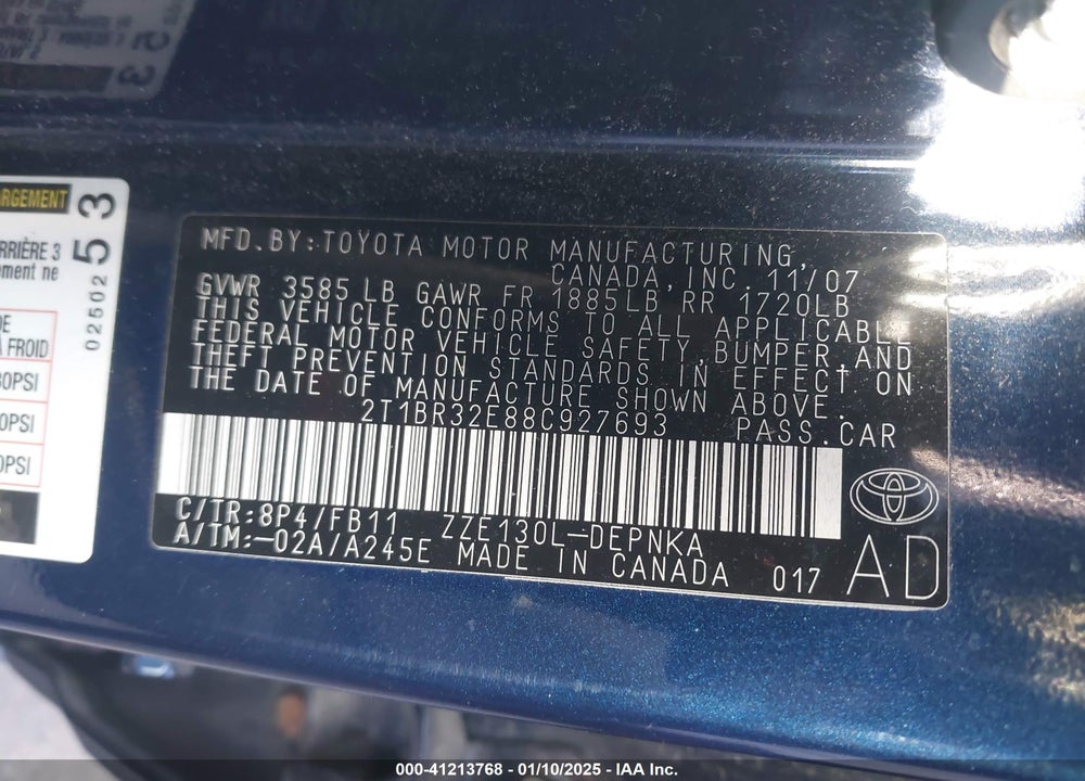 2008 TOYOTA COROLLA VIN: 2T1BR32E88C927693