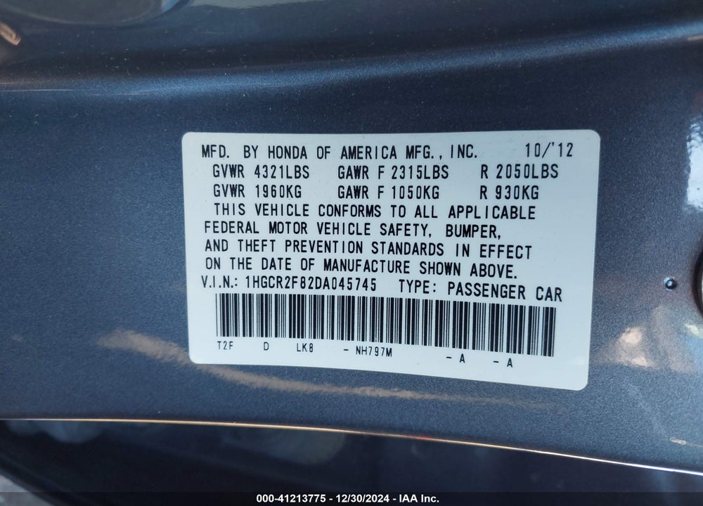 2013 HONDA ACCORD EX-L VIN: 1HGCR2F82DA045745
