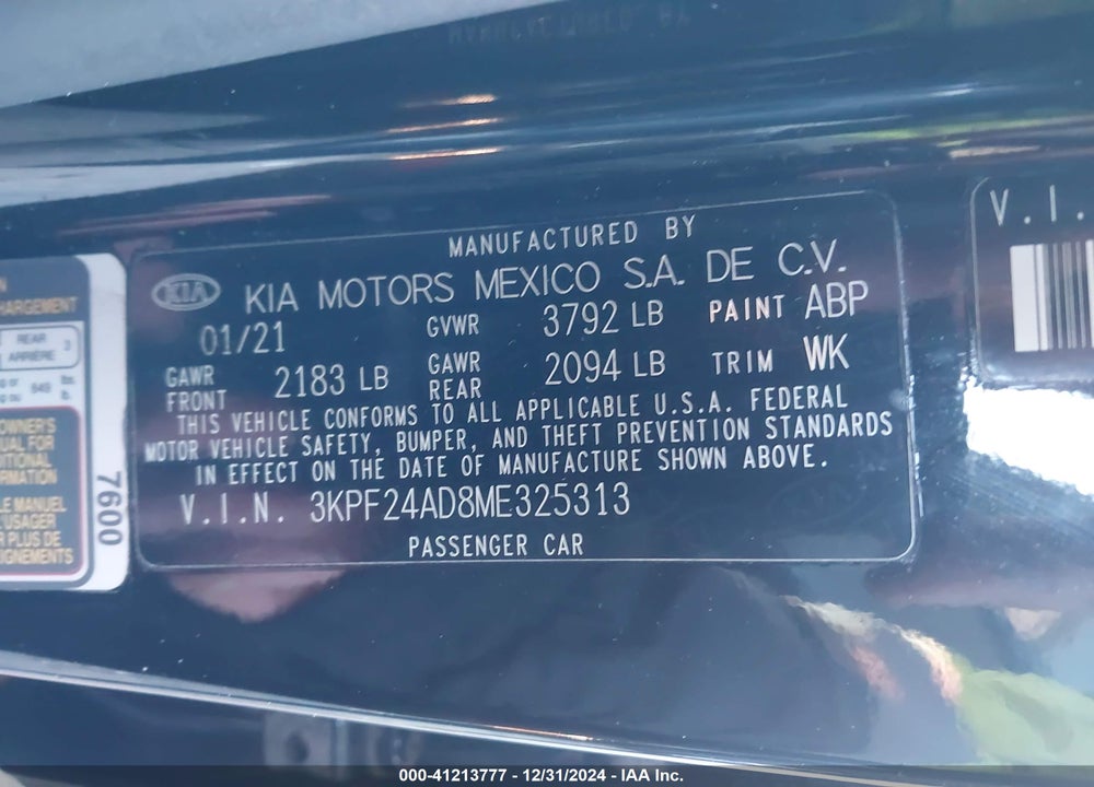 2021 KIA FORTE FE VIN: 3KPF24AD8ME325313