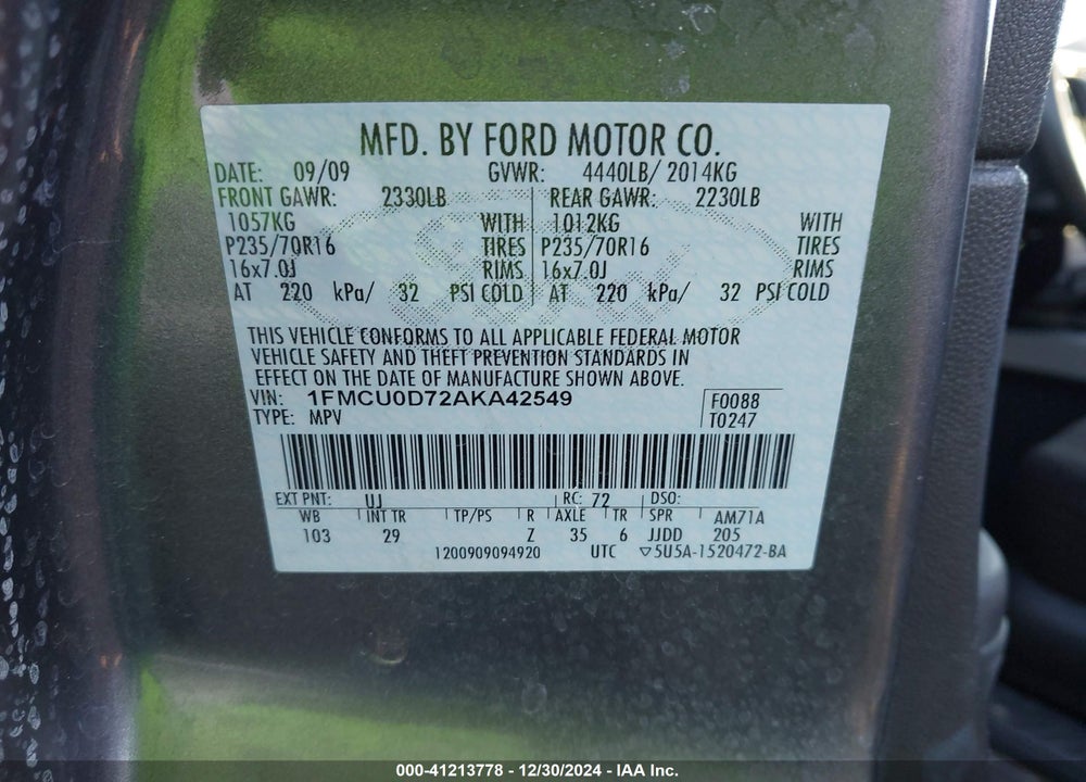 2010 FORD ESCAPE XLT VIN: 1FMCU0D72AKA42549