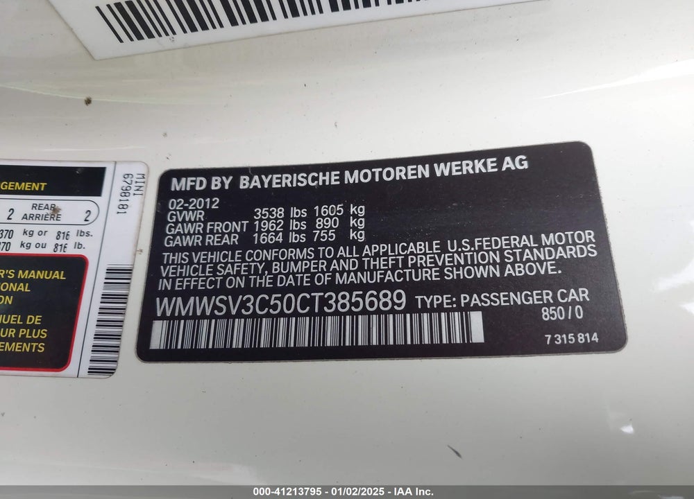 2012 MINI COOPER S VIN: WMWSV3C50CT385689