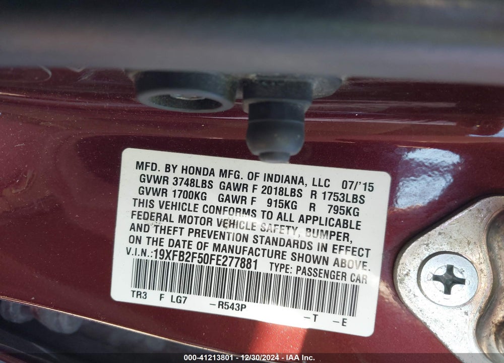 2015 HONDA CIVIC LX VIN: 19XFB2F50FE277881
