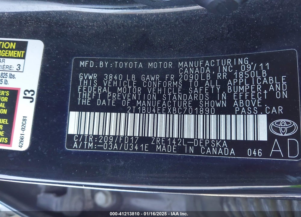 2011 TOYOTA COROLLA S VIN: 2T1BU4EEXBC701890