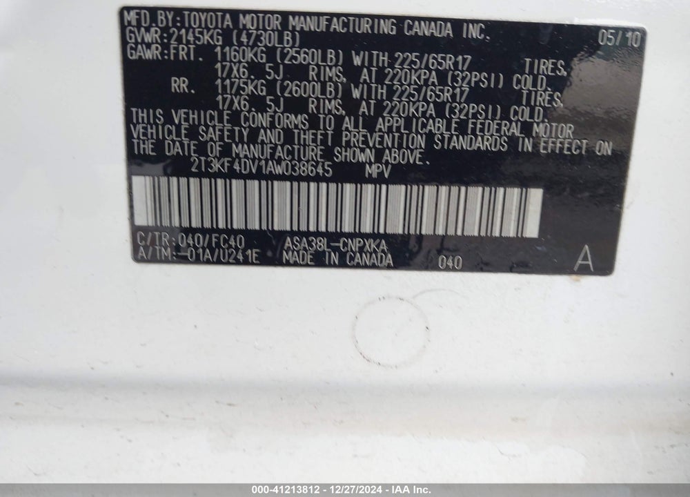 2010 TOYOTA RAV4 VIN: 2T3KF4DV1AW038645
