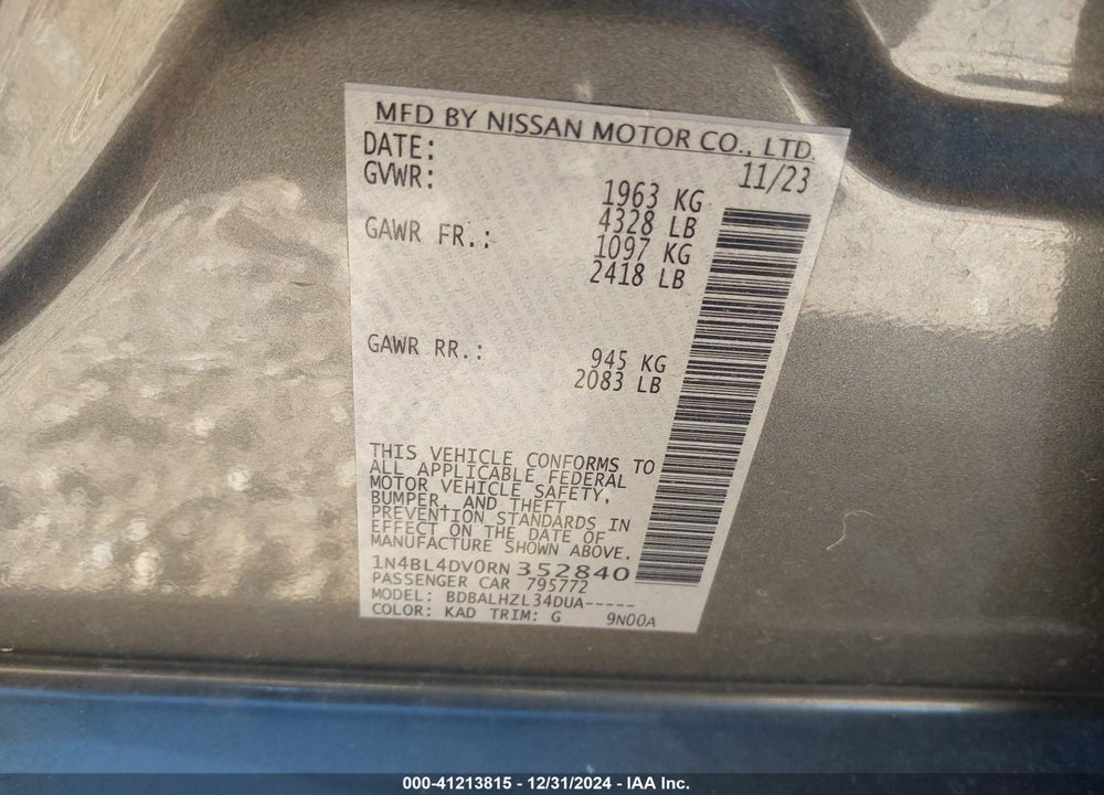 2024 NISSAN ALTIMA SV FWD VIN: 1N4BL4DV0RN352840