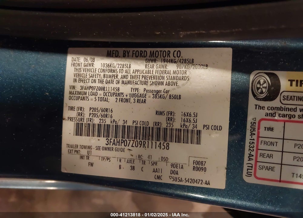 2009 FORD FUSION VIN: 3FAHP07Z09R111458