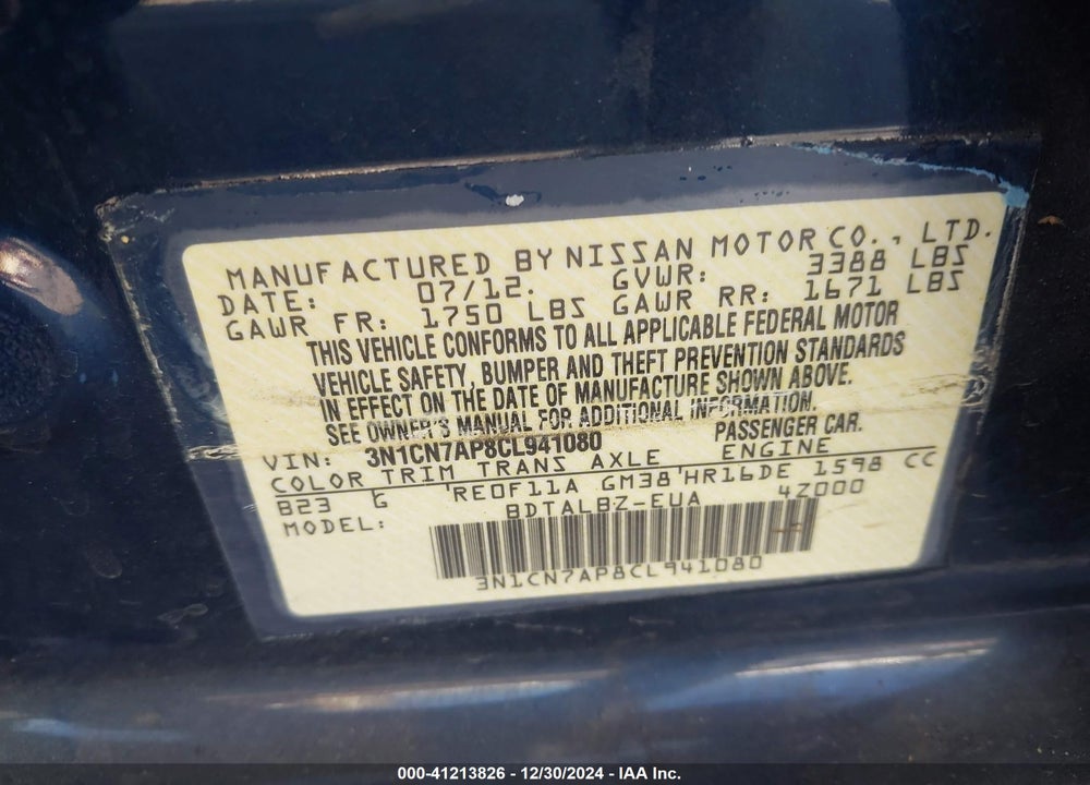 2012 NISSAN VERSA S/SV/SL VIN: 3N1CN7AP8CL941080