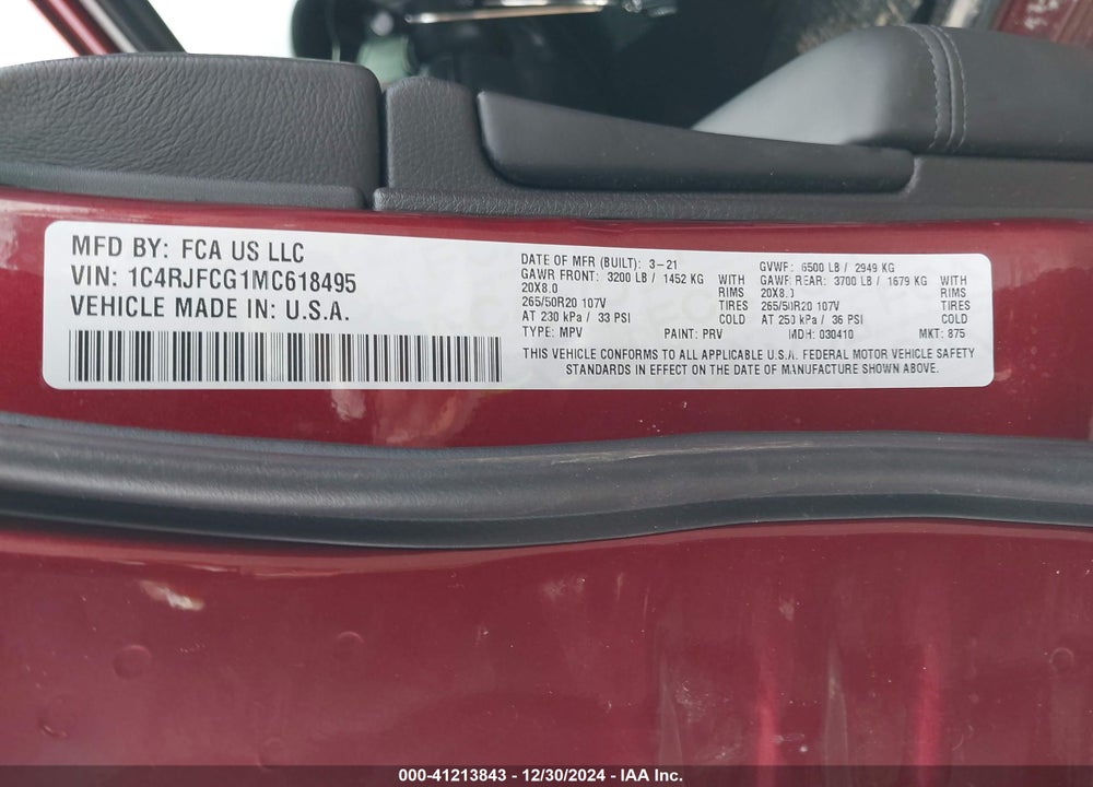 2021 JEEP GRAND CHEROKEE HIGH ALTITUDE 4X4 VIN: 1C4RJFCG1MC618495