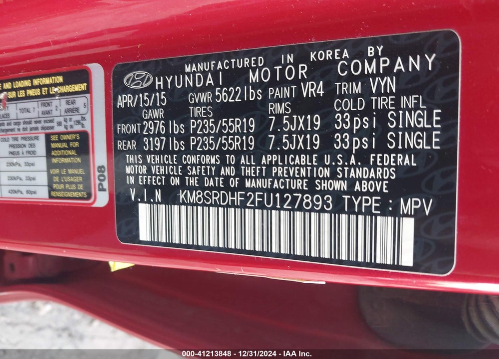 2015 HYUNDAI SANTA FE GLS VIN: KM8SRDHF2FU127893