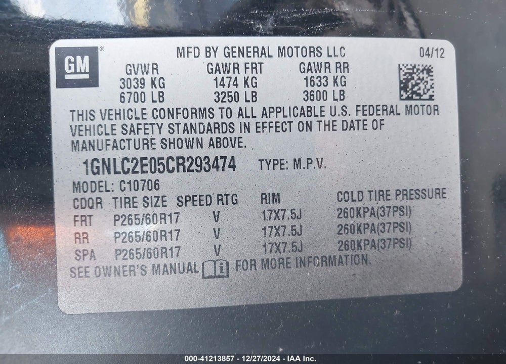 2012 CHEVROLET TAHOE COMMERCIAL FLEET VIN: 1GNLC2E05CR293474