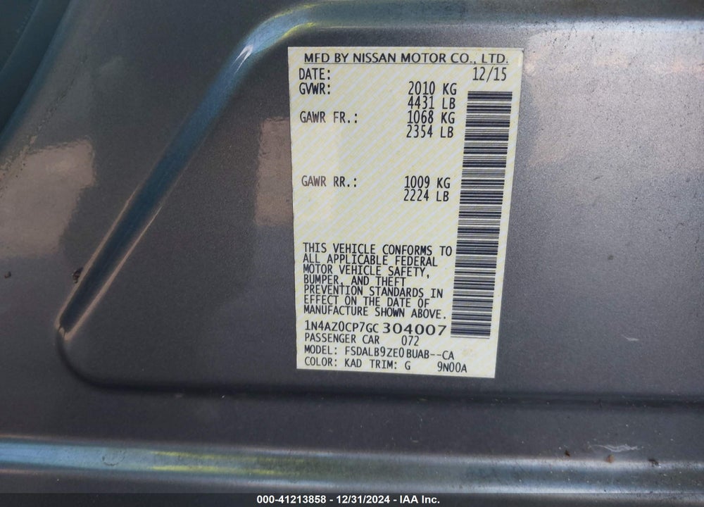 2016 NISSAN LEAF S VIN: 1N4AZ0CP7GC304007